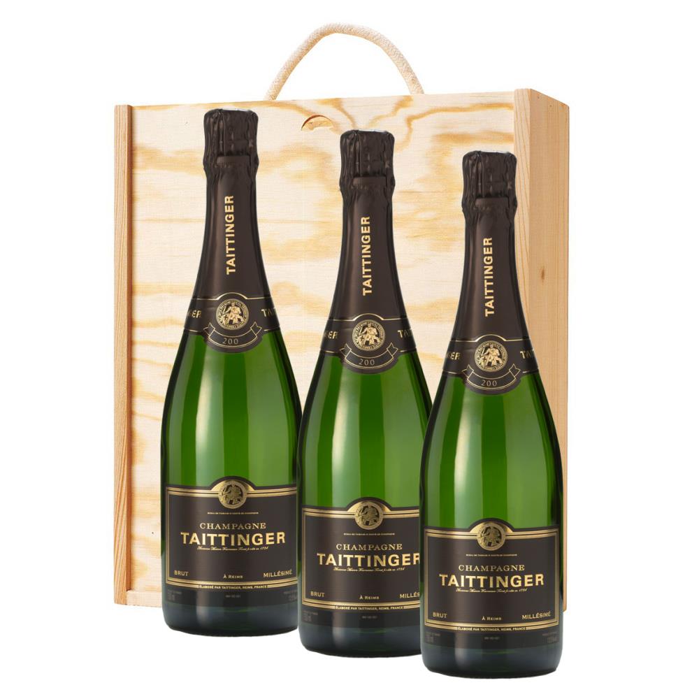 3 x Taittinger Brut Vintage Champagne 2014 75cl In A Pine Wooden Gift Box